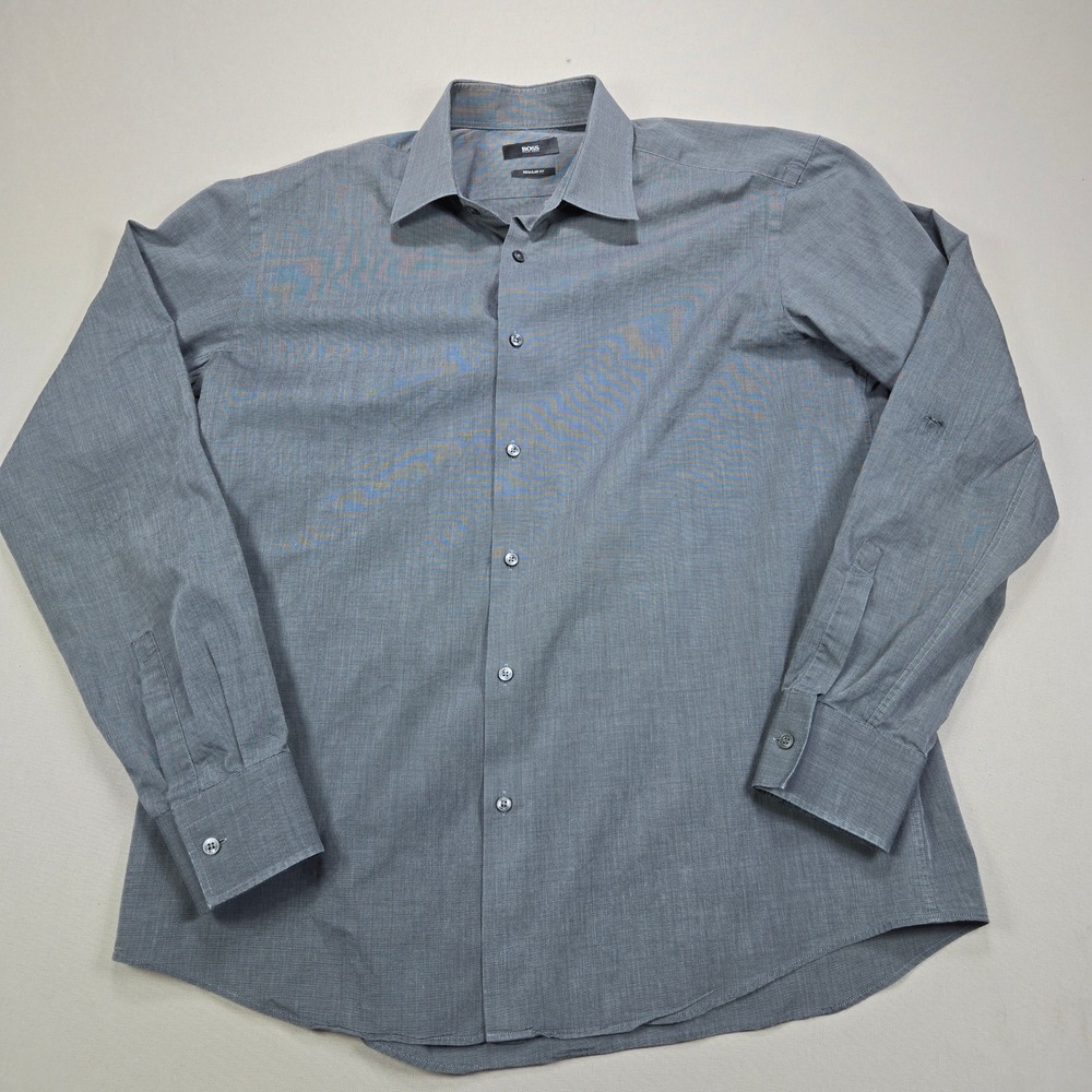 HUGO BOSS Men's Regular Fit Dress Shirt Gray Long Sleeve Button Up Size 17 43